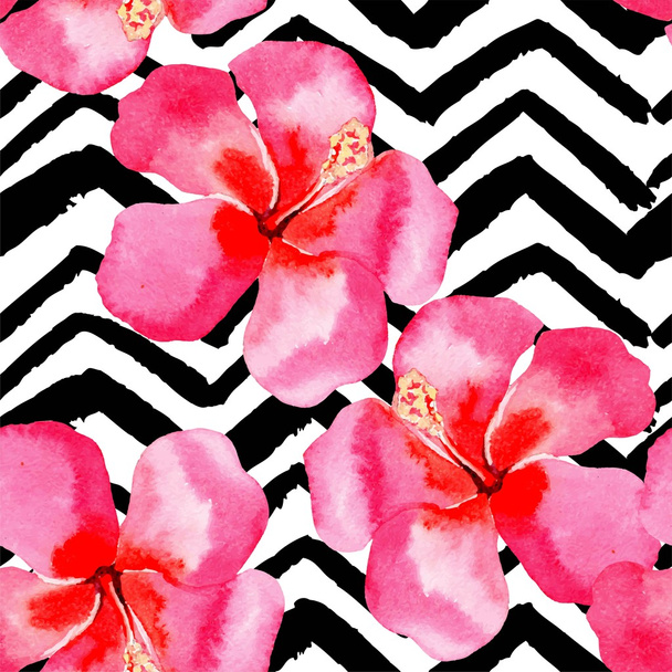 tropical hibiscus watercolor pattern, black and white zigzag bac - Vetor, Imagem