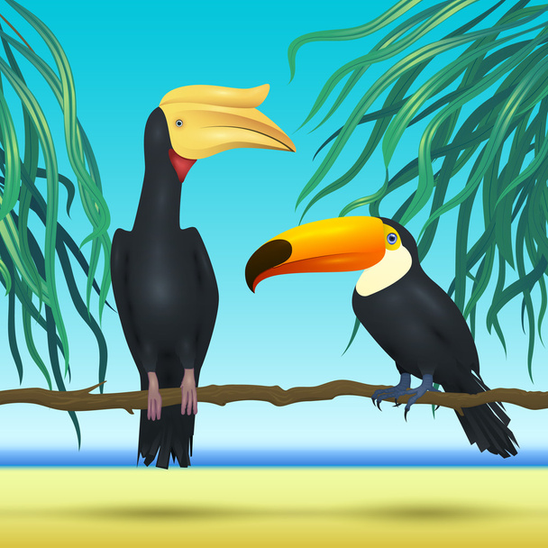 TOCO toucan και rhinoceroc, νομοσχέδιο, ρεαλιστική πουλιά που κάθονται σε υποκατάστημα τροπικό φόντο με παραλία - Διάνυσμα, εικόνα