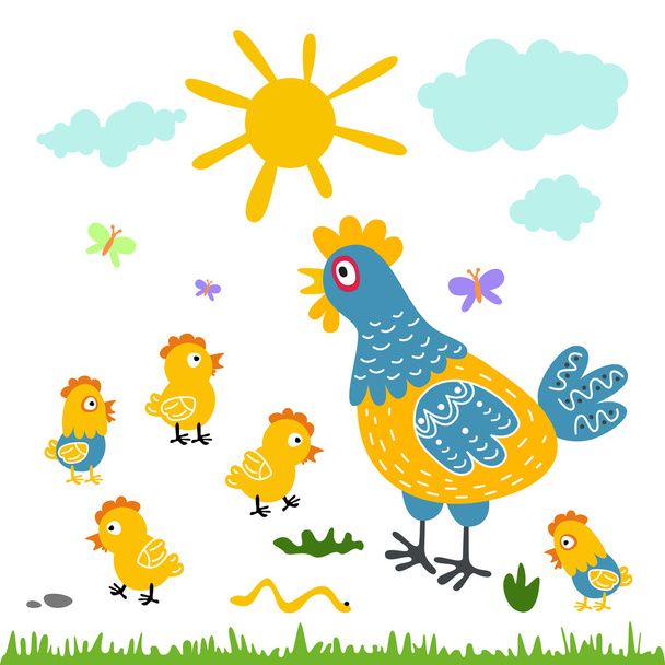 Funny vector cartoon colorfull hen and chicks isolated background - Vector, Image