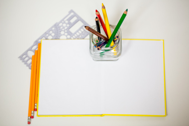 all for children creativity, pencils, scissors, colored paper - Photo, Image