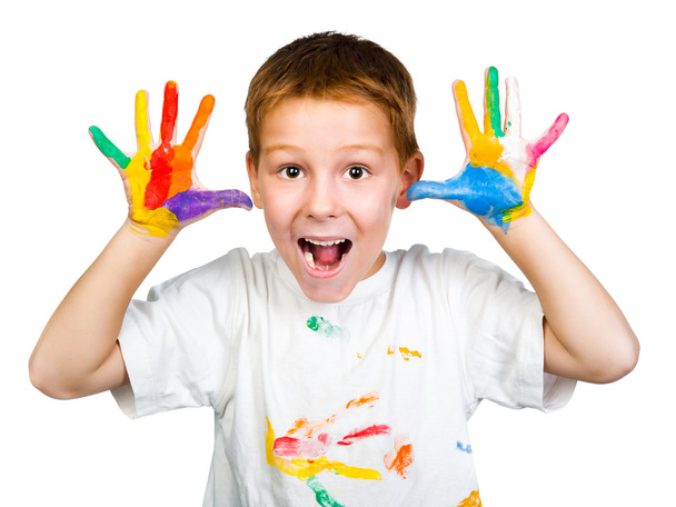Smiling boy with hands in paint - Foto, Imagem