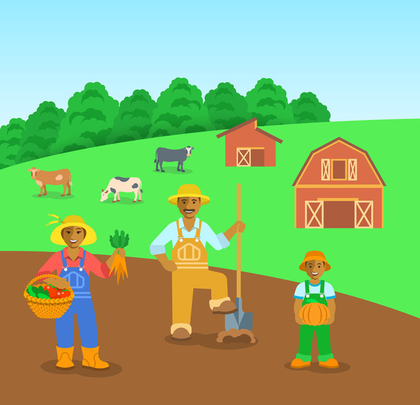 Farming black family in farm field flat vector background - Vector, Image