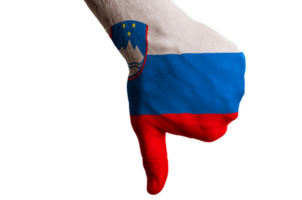 Sloweniens Nationalflagge zeigt Daumen nach unten Geste für Versagen gemacht mit - Foto, Bild