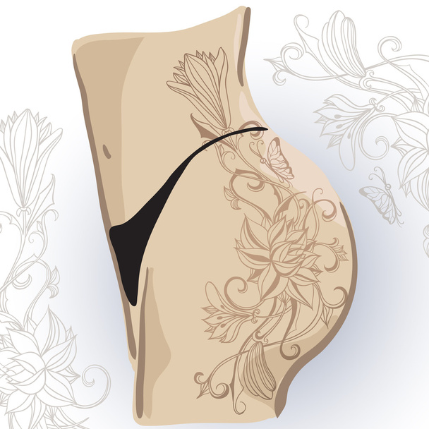 Tattoo of lilies and butterflies on the women's  thigh - Vektori, kuva