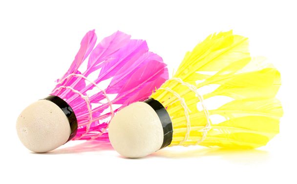 yellow and pink feather shuttlecocks isolated on white - Φωτογραφία, εικόνα