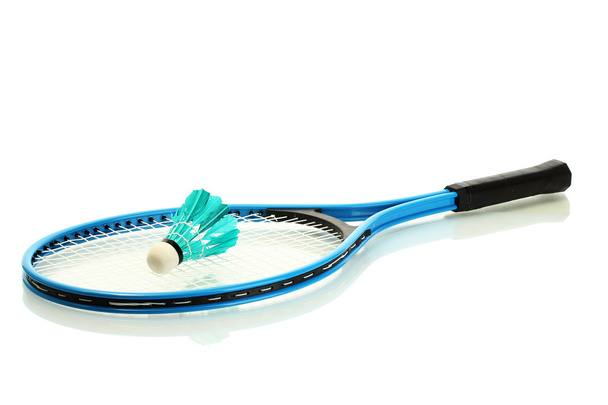 Badminton racket and shuttlecock isolated on white - Φωτογραφία, εικόνα