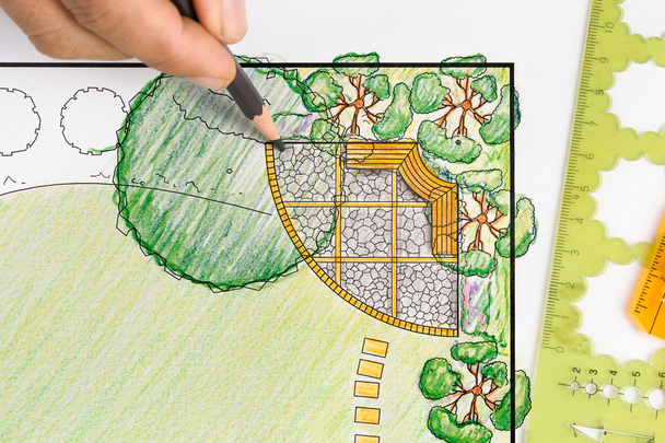 Landschapsarchitect ontwerp achtertuin plan voor villa - Foto, afbeelding