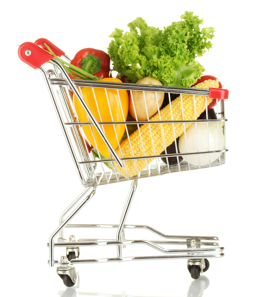Fresh vegetables in metal trolley isolated on white background - Photo, Image