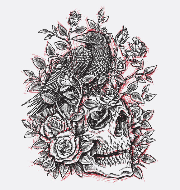 Σχηματικό Crow, τριαντάφυλλα και Linework σχεδιασμό τατουάζ κρανίο - Διάνυσμα, εικόνα