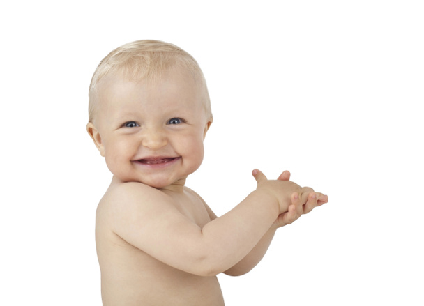 σούπερ χαμόγελο παλαμάκια τα χέρια μωρό που απομονώνονται σε λευκό - Φωτογραφία, εικόνα