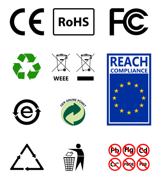 Признак утилизации. Защита окружающей среды. RoHs. Дотянись. Подписать ЕС
 - Вектор,изображение