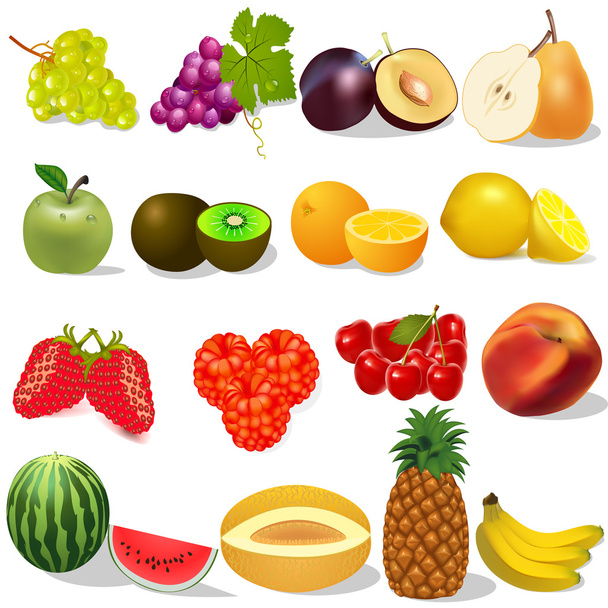 Set ripe fruit and berries on white - Vector, Imagen