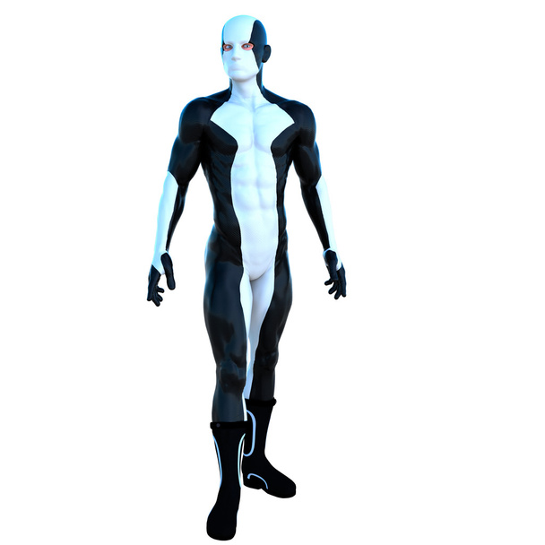 молодий сильний чоловік в білому і чорному супер костюмі
 - Фото, зображення