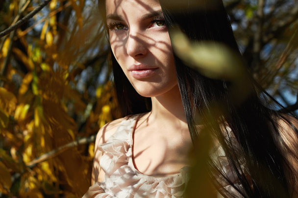 belle femme entourée feuilles d'automne. beauté fille marche dans la forêt
 - Photo, image