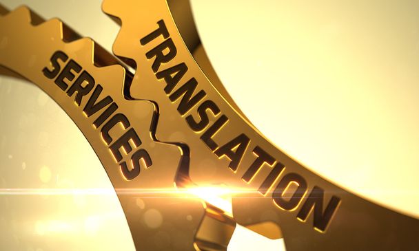 Golden Gears a fordítási szolgáltatások koncepció. 3d. - Fotó, kép