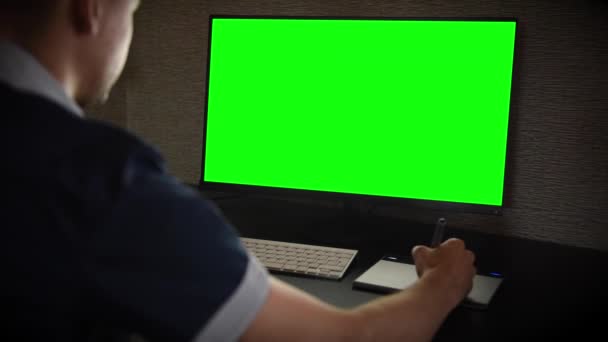 man use desktop computer at home. Night work - Footage, Video