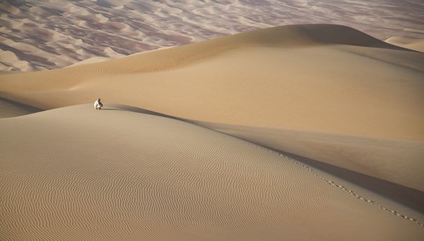Mies Kandurassa aavikolla auringonnousun aikaan
 - Valokuva, kuva