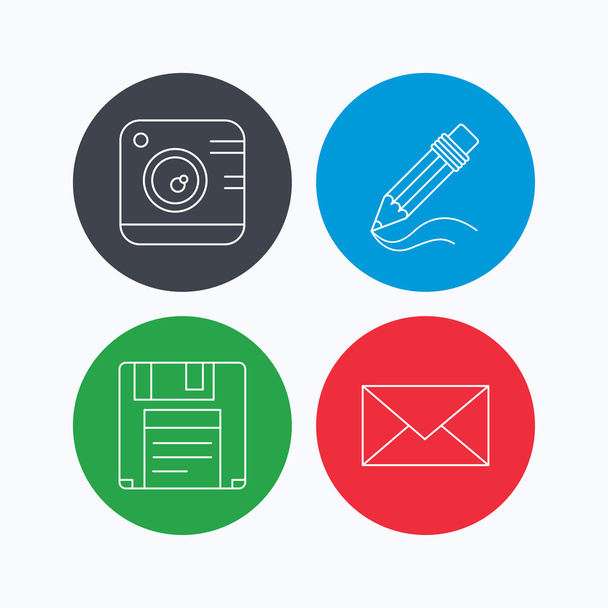 Photo camera, pencil and mail icons. - Vector, Imagen