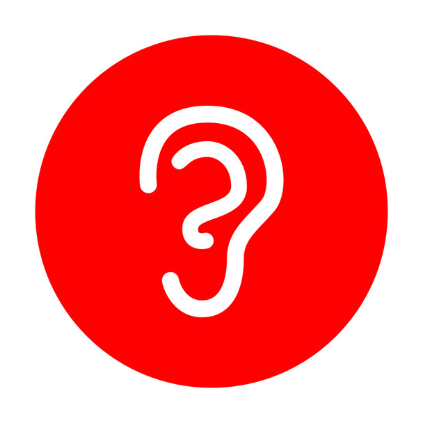 Signo de oído humano. Icono blanco en círculo rojo
. - Vector, imagen