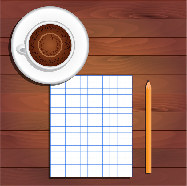 Чашка капучино, лист блокнота и карандаш на столе
 - Вектор,изображение