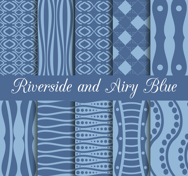 Set of geometric seamless patterns. Riverside and airy blue trend color. Collection of 10 seamless patterns. Vector illustration. - Vector, Image