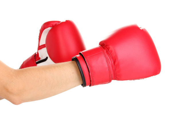 Red boxing gloves on hands isolated on white - Foto, imagen