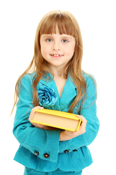 cute little girl with a book isolated on white - Фото, изображение