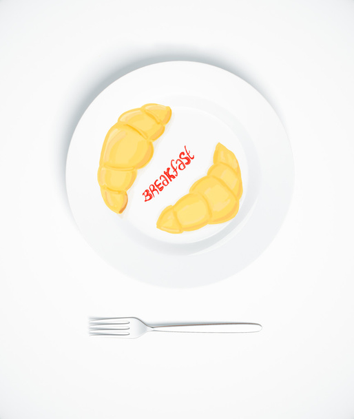 Top view of white table with croissant sketch on plate and fork. Food concept - Photo, Image