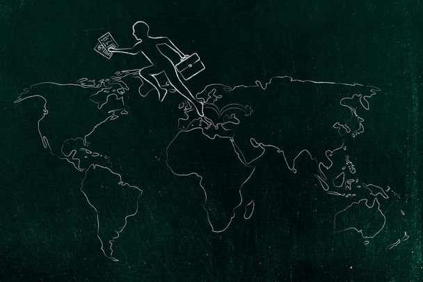 business man jumpying across continents on map of the world - Fotografie, Obrázek