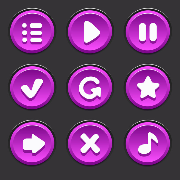 Set of vector purple buttons to play, pause, menu, arrow, music, restart - ベクター画像