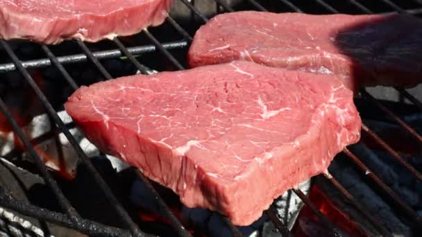 Raw beef steaks cooking on barbecue grill - Footage, Video