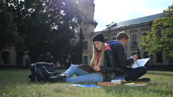 Joven pareja de estudiantes estudiando en el parque de césped
 - Imágenes, Vídeo