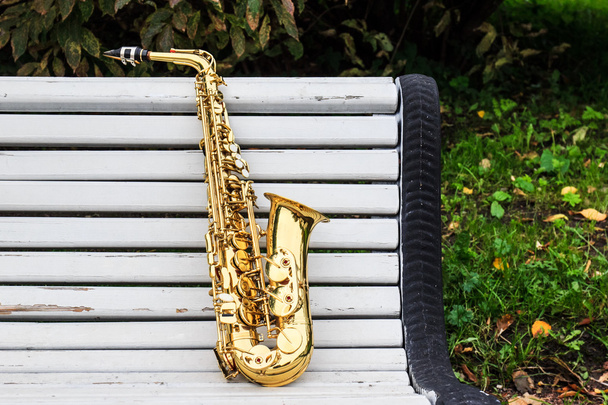 saxophone on a bench  - Фото, зображення