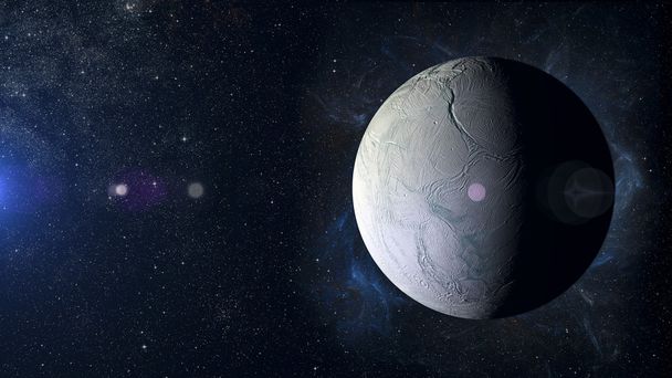 Ηλιακού συστήματος planet Enceladus σε φόντο νεφέλωμα. - Φωτογραφία, εικόνα