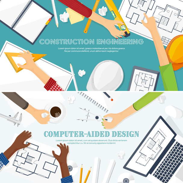 Vector illustration. Engineering and architecture. Drawing, construction. Architectural project. Design, sketching. Workspace with tools. Planning, building. - Vector, Image