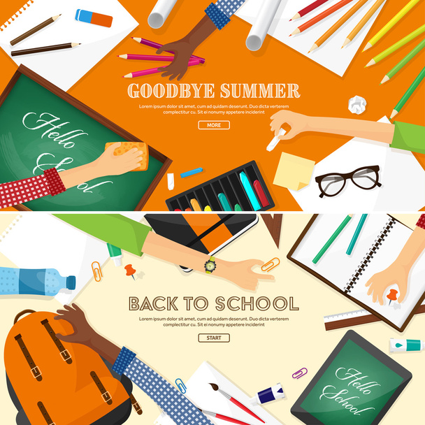 Back to school flat background. Online education and study. Teacher, student. - Vector, Image