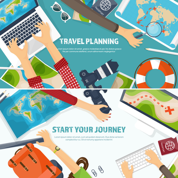 Travel and tourism. Flat style. World, earth map. Globe. Trip, tour, journey, summer holidays. Travelling,exploring worldwide. Adventure,expedition. Table, workplace. Traveler. Navigation. - Vector, Image