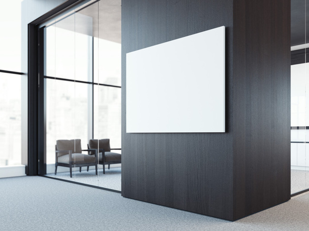 Empty white canvas on the dark wood wall. 3d rendering - Photo, Image
