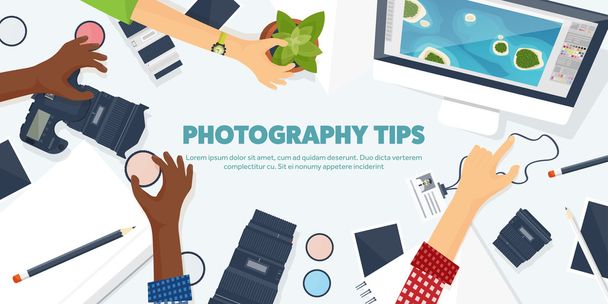 Photographer equipment on a table. Photography tools, photo editing, photoshooting flat background. Digital photocamera with lens. Vector illustration. - Vector, Image