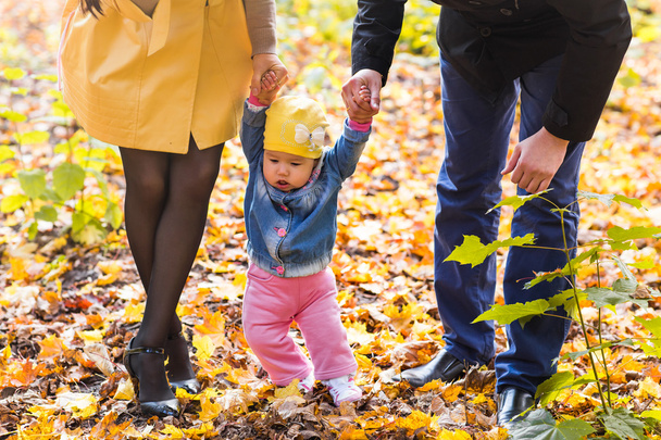 Toddler girl holding hands with her mother and father outside on a fall day - Photo, Image