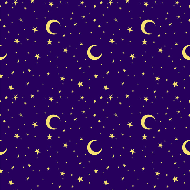 Golden yellow moon and stars sky print seamless pattern.  - Vector, Image