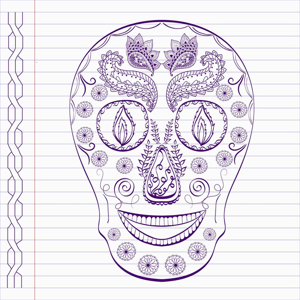 Hand drawn skull in doodle style on notebook page. - Διάνυσμα, εικόνα