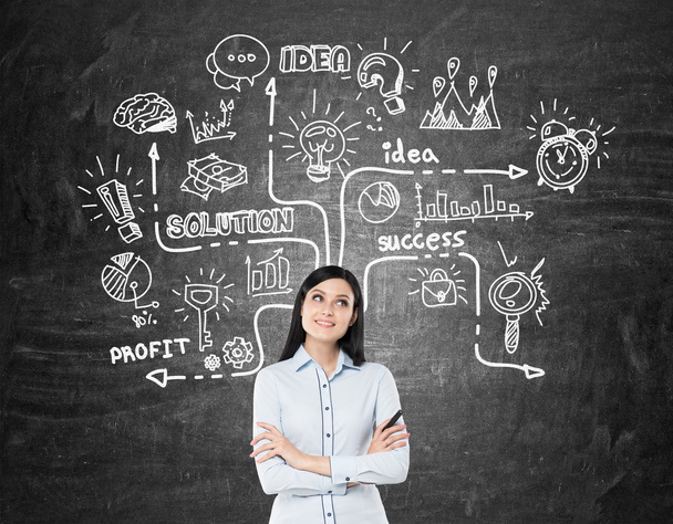 Girl with black hair near blackboard with business icon - Foto, Imagen