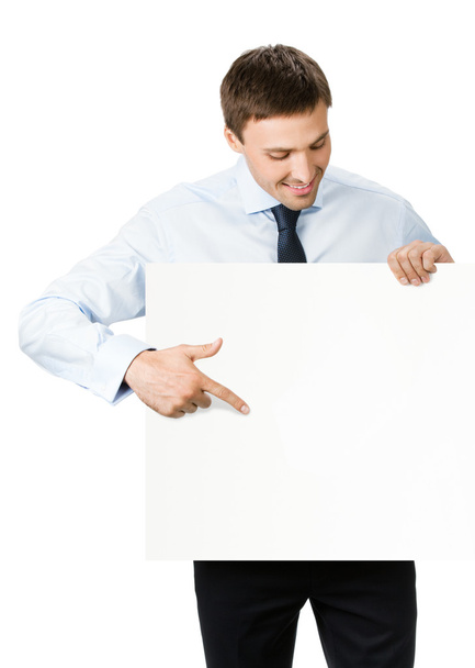 Businessman showing signboard, on white - Foto, afbeelding
