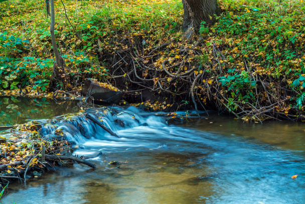 Осенний пейзаж с текущей рекой и листьями
 - Фото, изображение