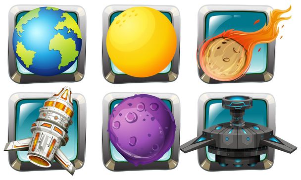Spaceship and planets on square badges - Vector, Image