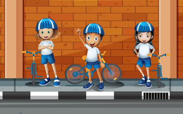 Lapset ajavat polkupyörällä tiellä
 - Vektori, kuva
