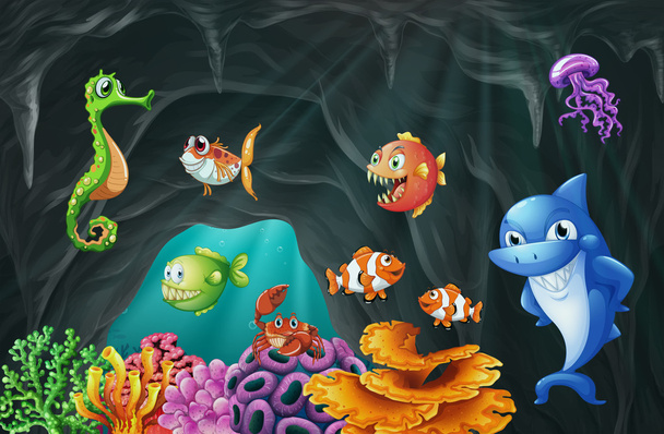 Сцена с морскими животными под водой
 - Вектор,изображение