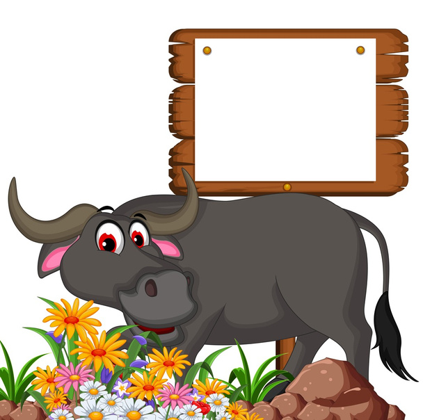 cute buffalo cartoon posing with blank board for you design - Photo, Image