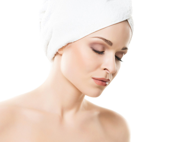 young woman with towel turban on head  - Zdjęcie, obraz